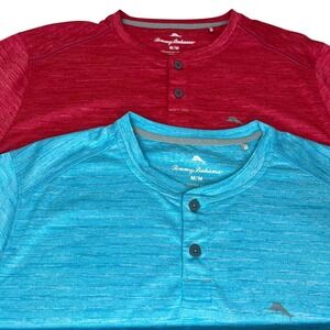 Lot of 2 Tommy Bahama Men's Medium Henley Shirts Red Blue Short Sleeve Space Dye